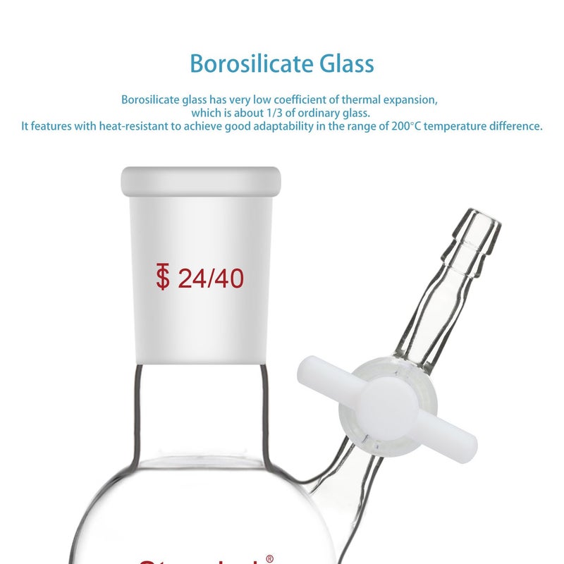 stonylab Reaction Flask - Borosilicate Glass Single-Neck Flask with 24/40 Joint and PTFE Stopcock Valve, Round Bottom, 50 ml - Image 5